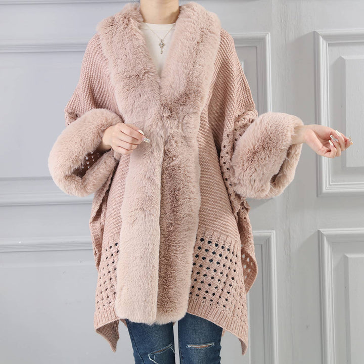 PE364 Hand knitted crochet fur trim cape: Baby Blue