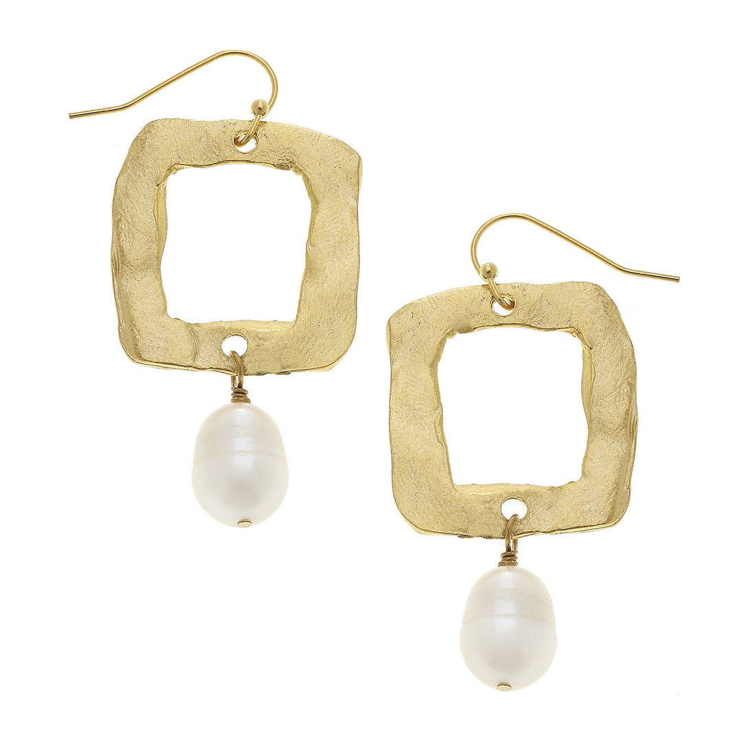 Square and Genuine Freshwater Pearl Earrings