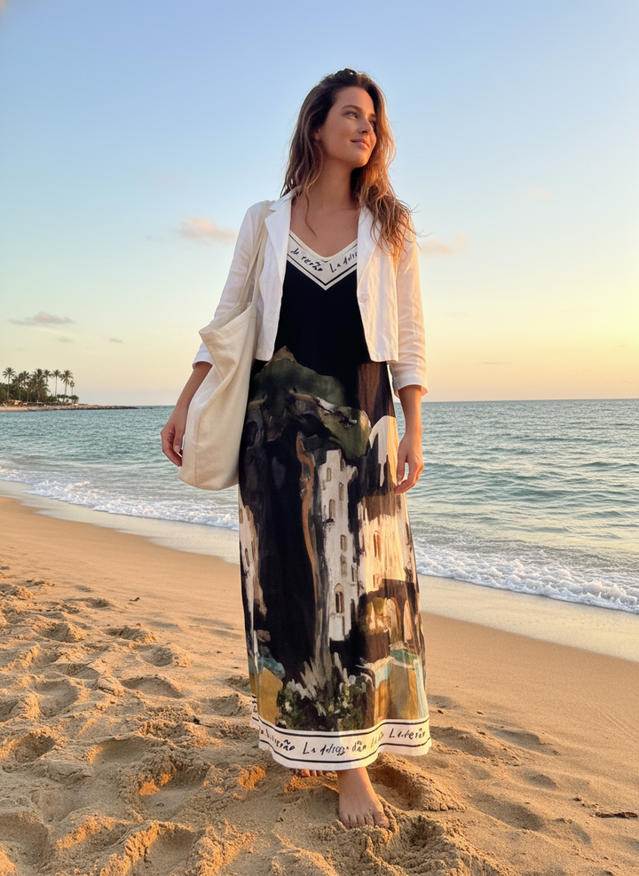 LINEN Women's Maxi Dress-Black-O/S