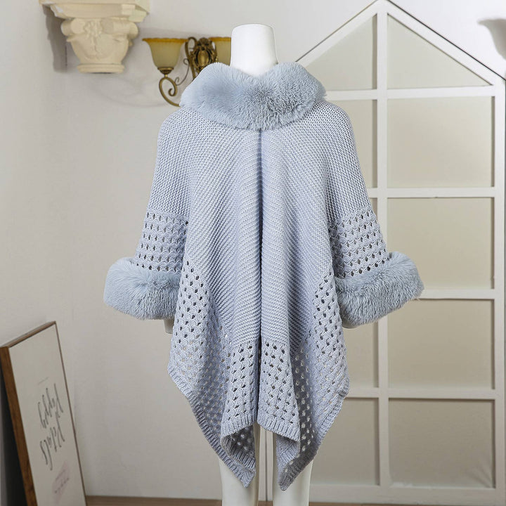 PE364 Hand knitted crochet fur trim cape: Baby Blue