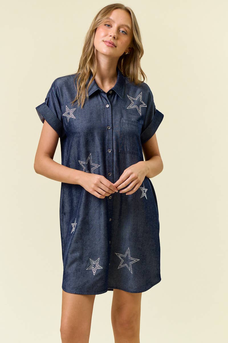 Doe and Rae - STAR STUDDED TENCEL SHIRT DRESS - 28102D: INDIGO / S
