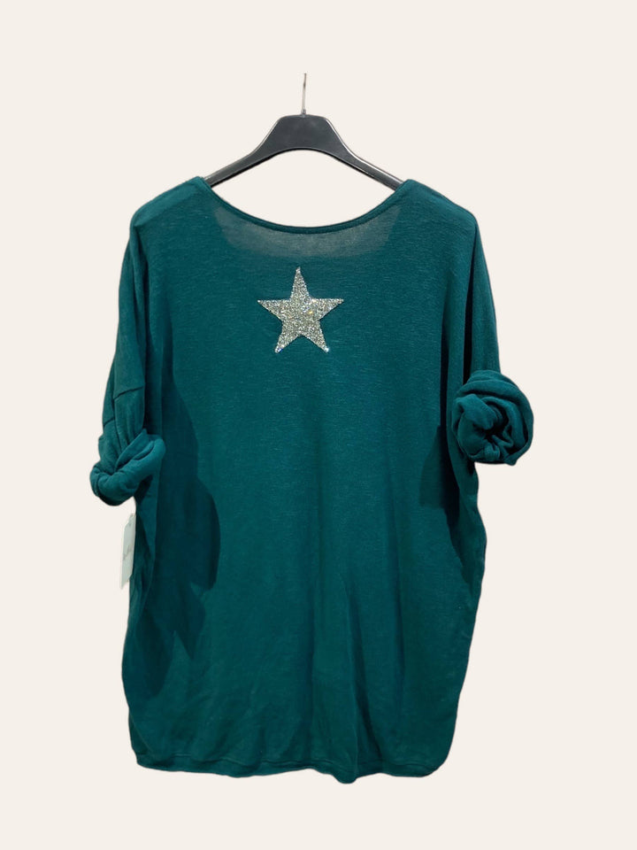 Cotton top with a rhinestone star: CELADON
