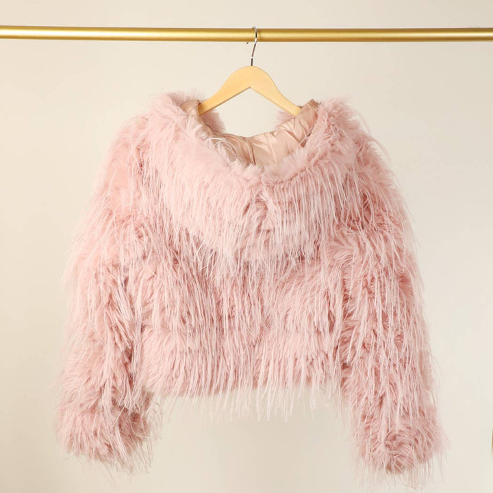 Faux Fur Zip Jacket: Beige / L/XL