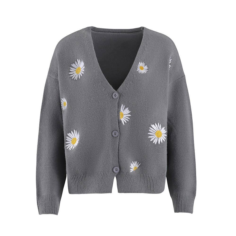 Daisy Pattern V-neck Cardi: Black / S