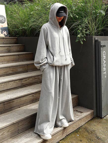 Loose Urban Gray Wide Leg Elastic Waist Pants: BLACK / M