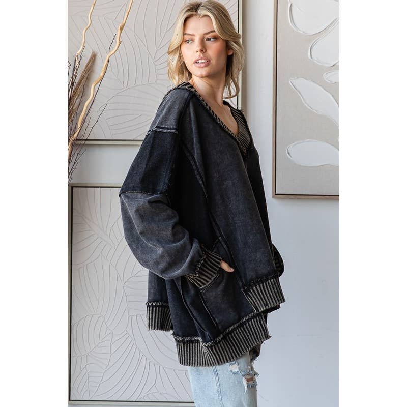 WIDE V NECK L/S TOP: BLACK