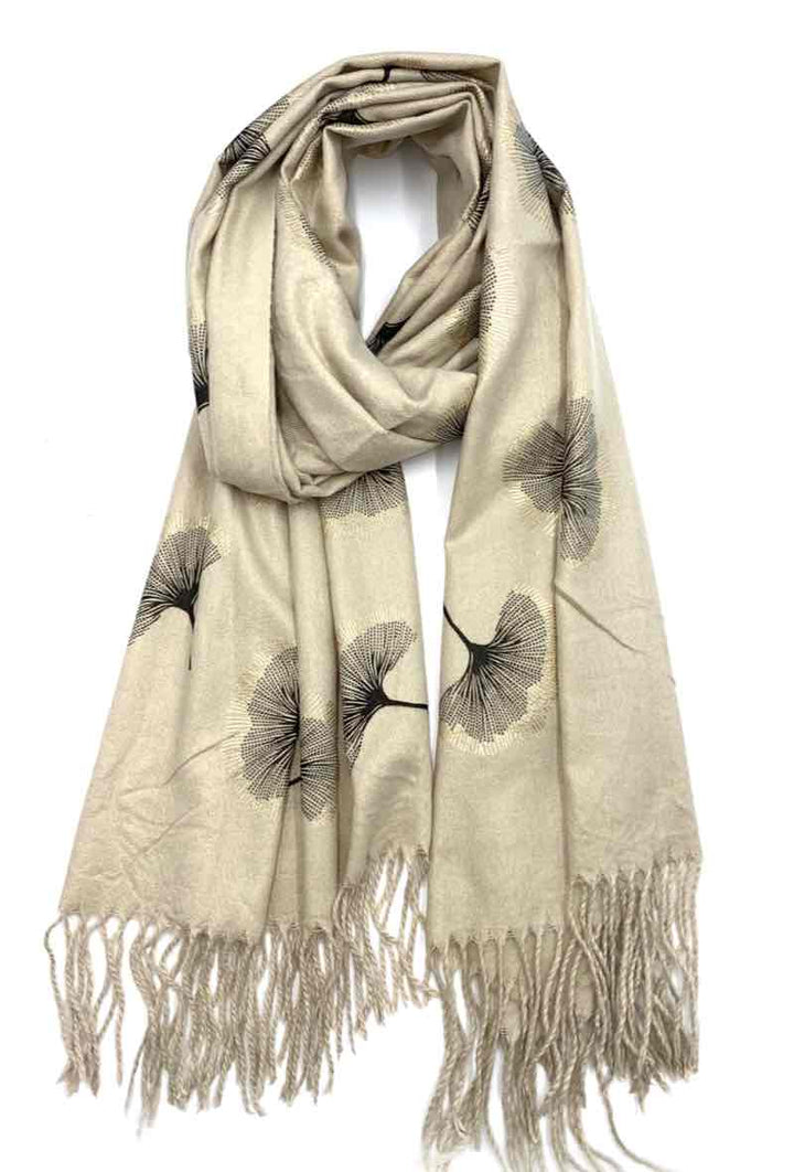 Gingko Leaf Pattern Soft Scarf: Ecru
