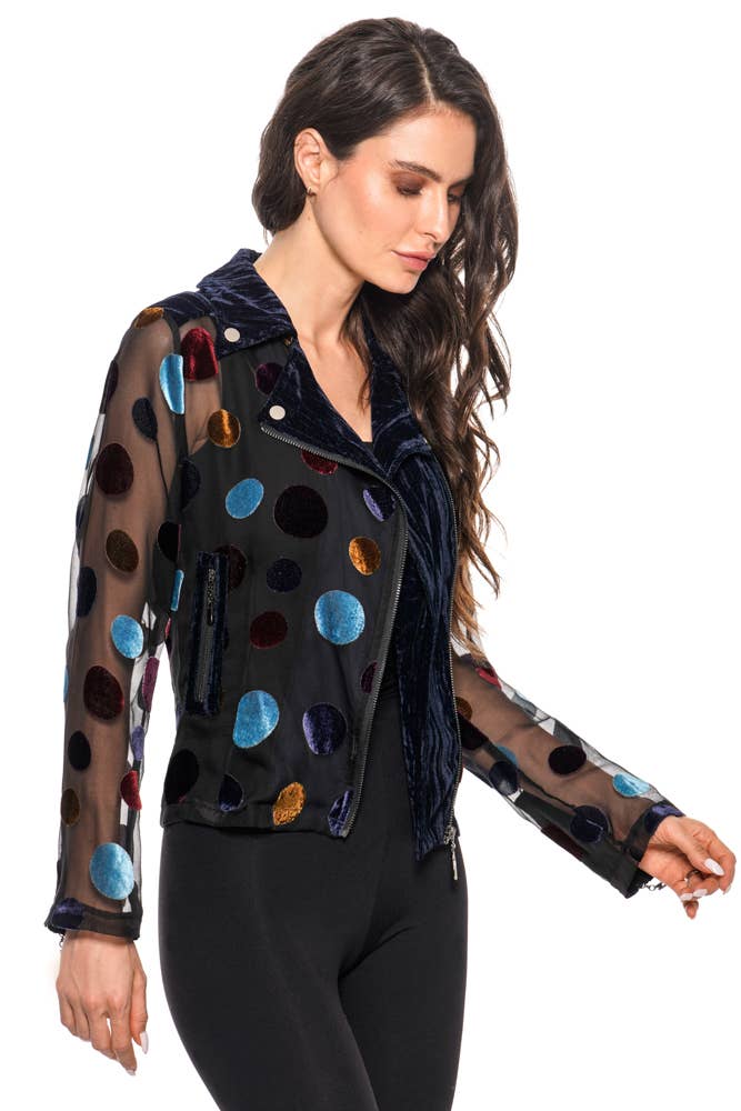 Velvet Polka Dot Mesh Moto Jacket: M