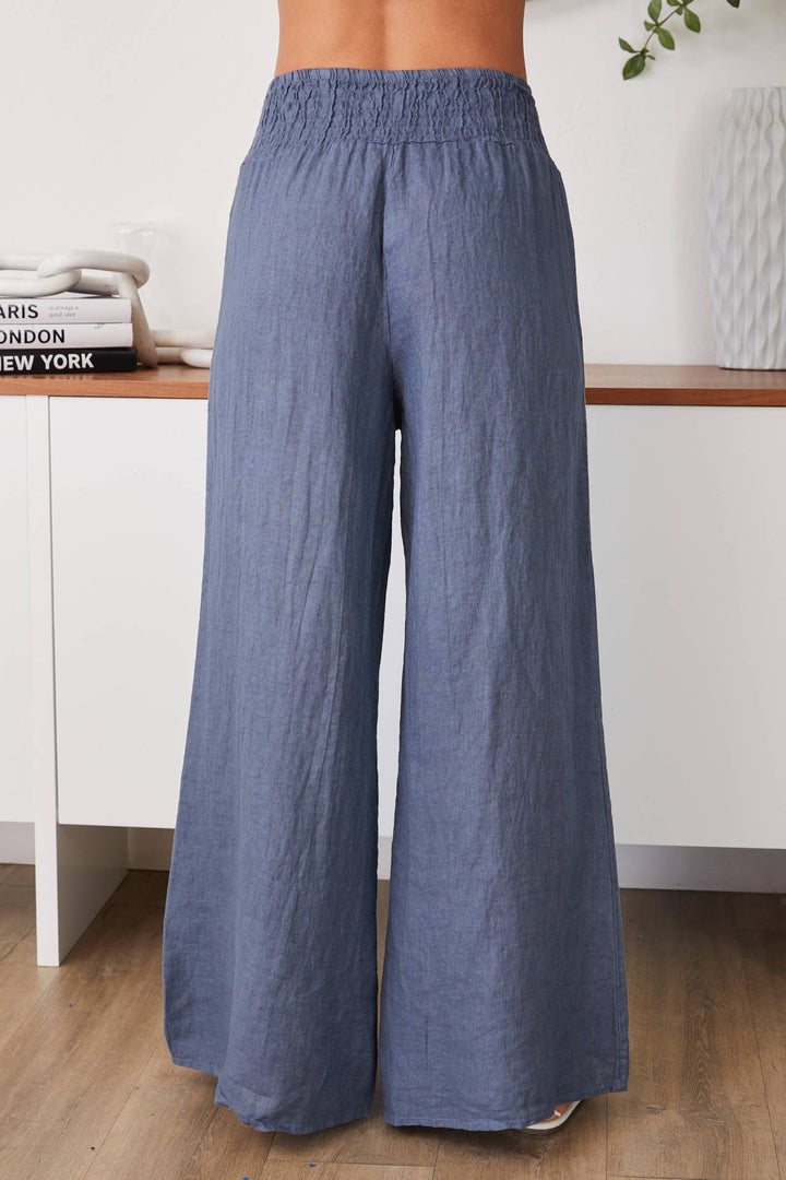 LINEN SMOCKED WAIST PANT: Mocha / L