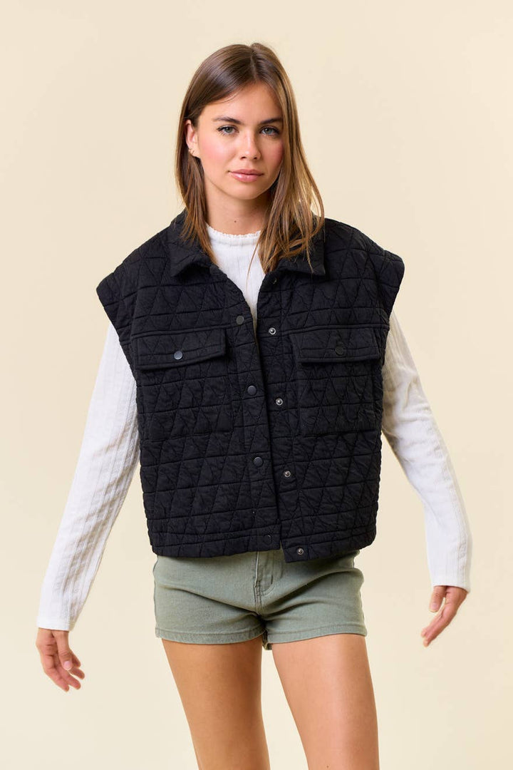 Doe and Rae - QUILTED POINT COLLAR FLAP PATCHED POCKET VEST - 10626J-1: OAT / L