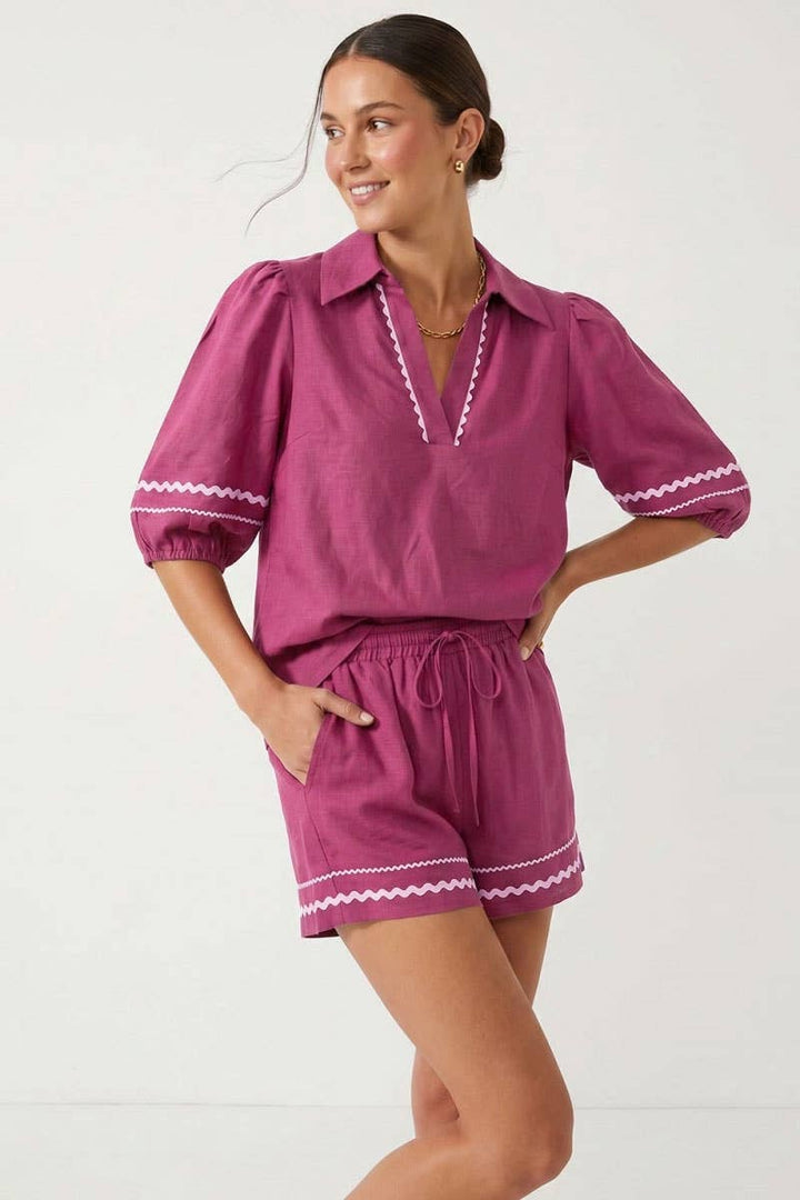 Puff Sleeve Linen Blouse: Navy / S