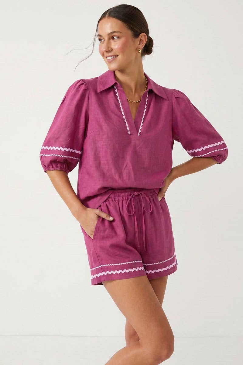 Puff Sleeve Linen Blouse: Red / L