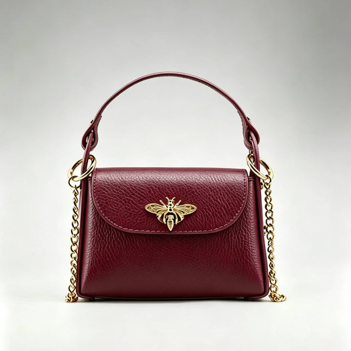 Mini Leather Bag with Gold Bee: Borgogna
