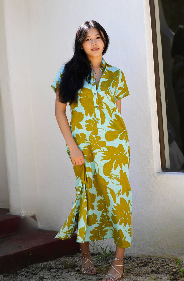 Cotton Dress Turquoise Olive: M