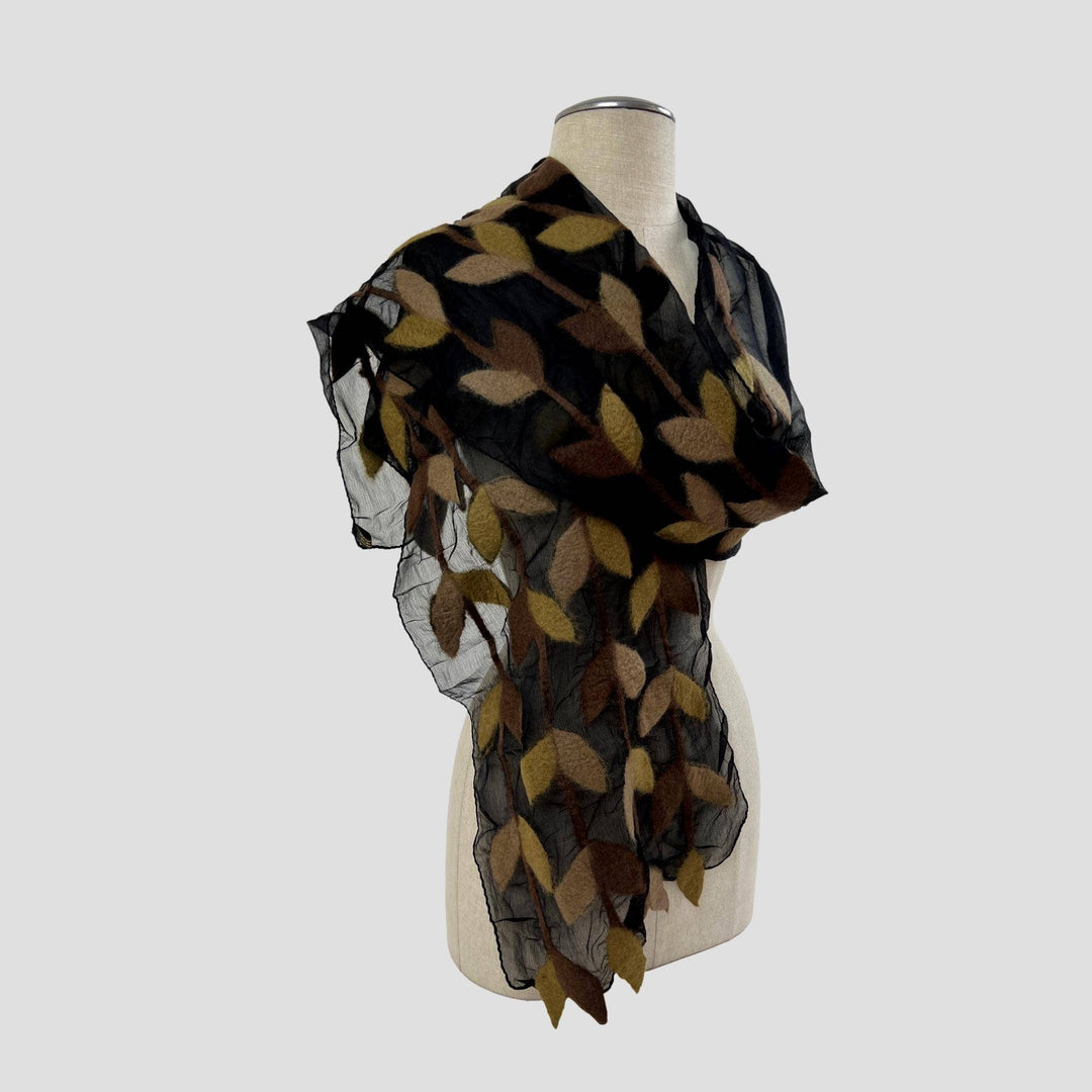 Leaf Merino Wool Handmade Felt Scarf: Tur-Green