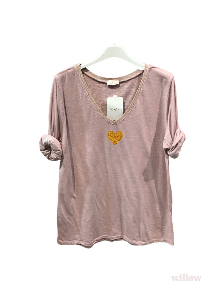 Gold heart long sleeve lurex collar top: Beige