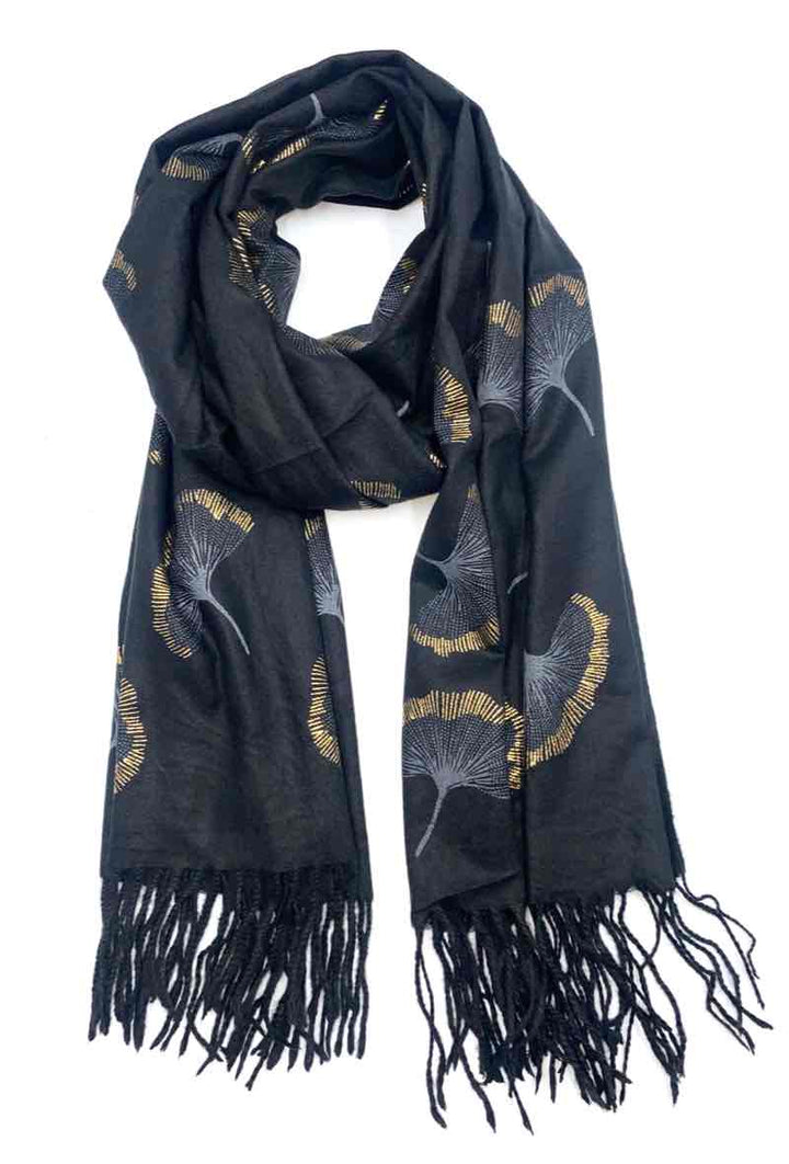 Gingko Leaf Pattern Soft Scarf: Black