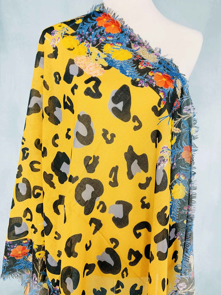 Leopard & Floral Border Scarf/Shawl: Yellow