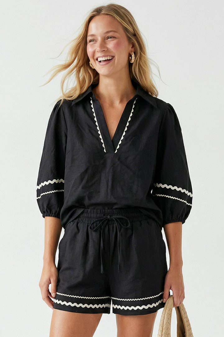 Puff Sleeve Linen Blouse: Navy / M