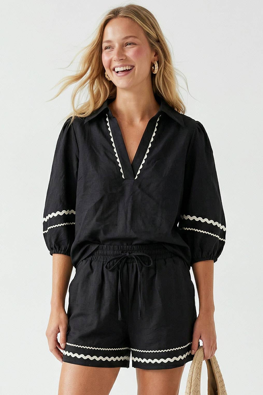 Puff Sleeve Linen Blouse: Red / L