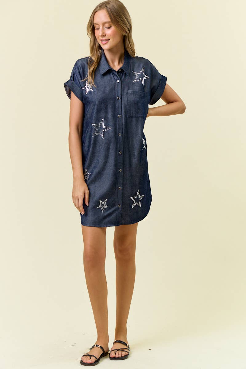 Doe and Rae - STAR STUDDED TENCEL SHIRT DRESS - 28102D: INDIGO / L