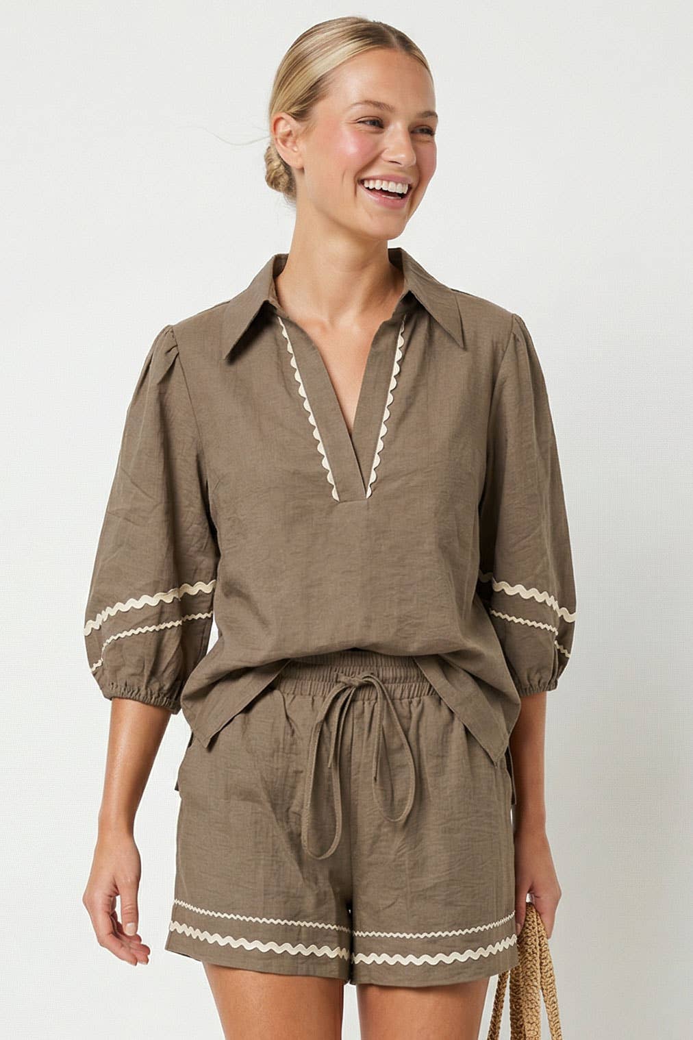 Puff Sleeve Linen Blouse: Navy / M
