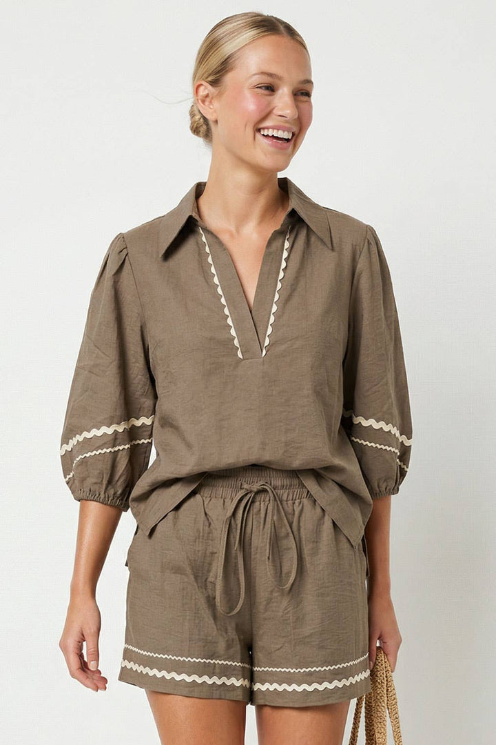 Puff Sleeve Linen Blouse: Navy / M