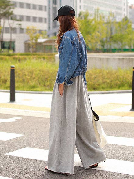 Loose Urban Gray Wide Leg Elastic Waist Pants: LIGHT GRAY / L