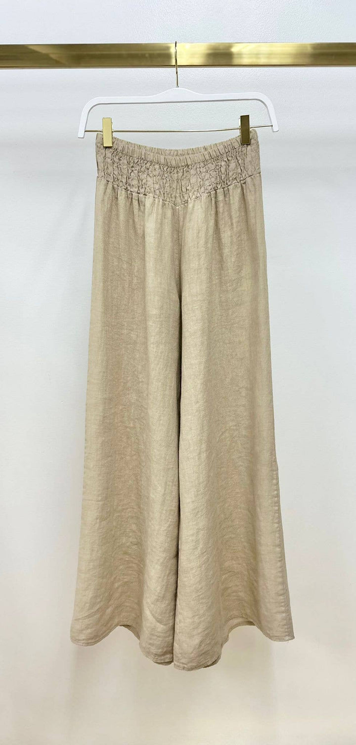LINEN WIDE LEG: Earth Beige S