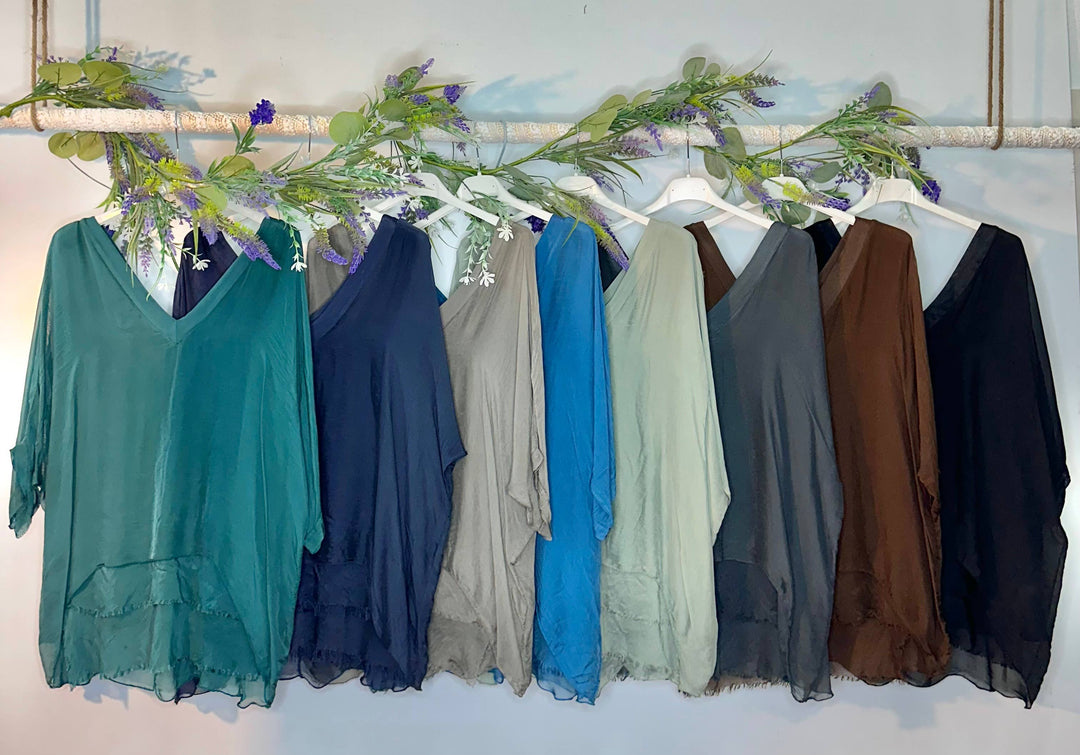 Silk vneck ruffle top: Petroleum