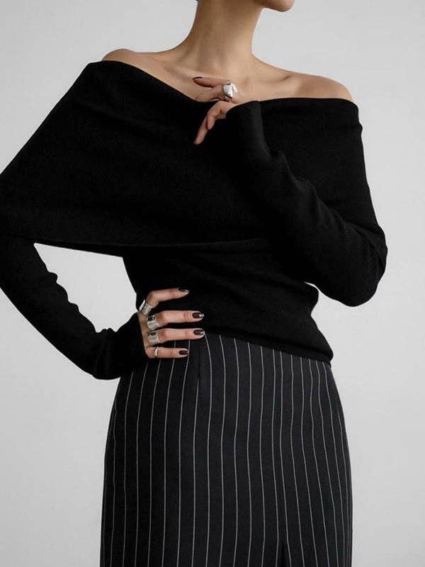 Off-The-Shoulder Sweater Tops: BLACK / M