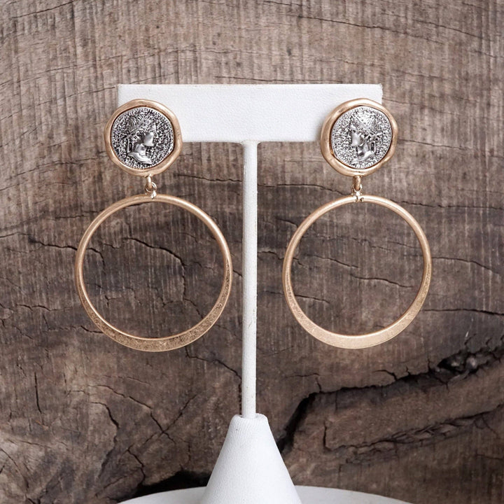 Coin and Hoop Earrings :Silver Tone