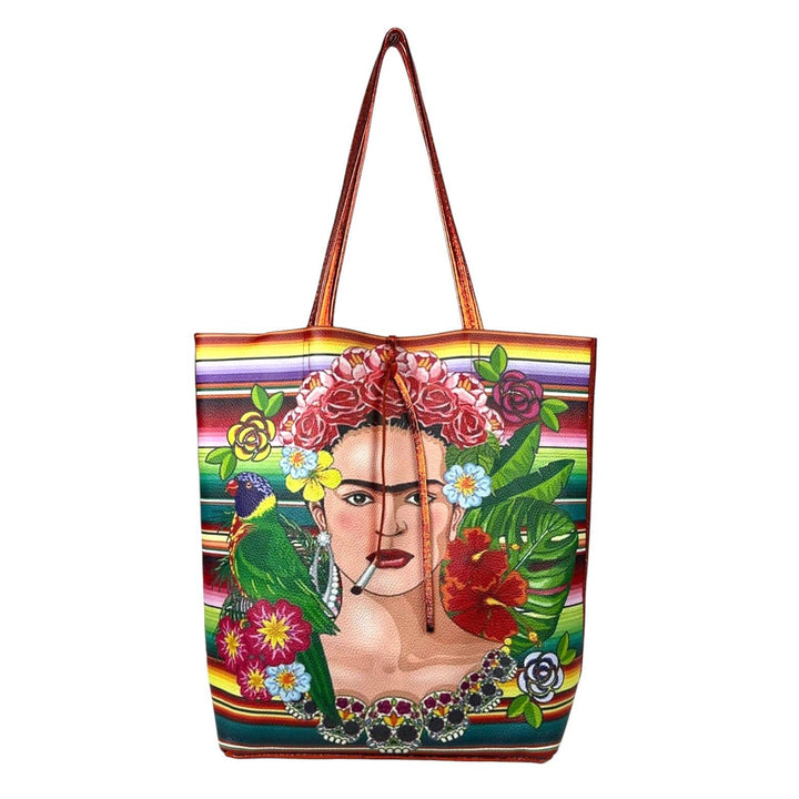 Leather Shopper Bag with Frida Kahlo: Blue