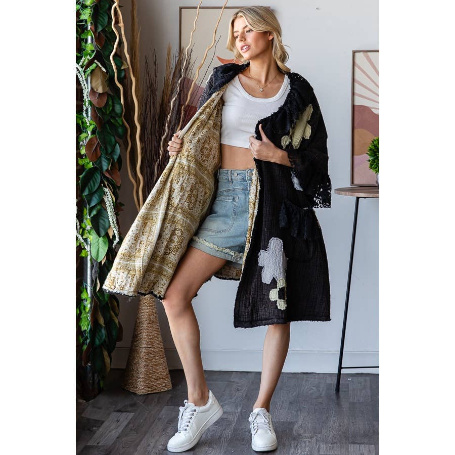 FLOWER LACE RUFFLE DUSTER: BLACK
