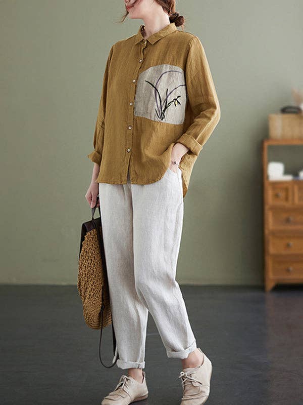 Embroidered Lapel Tops: APRICOT / XL