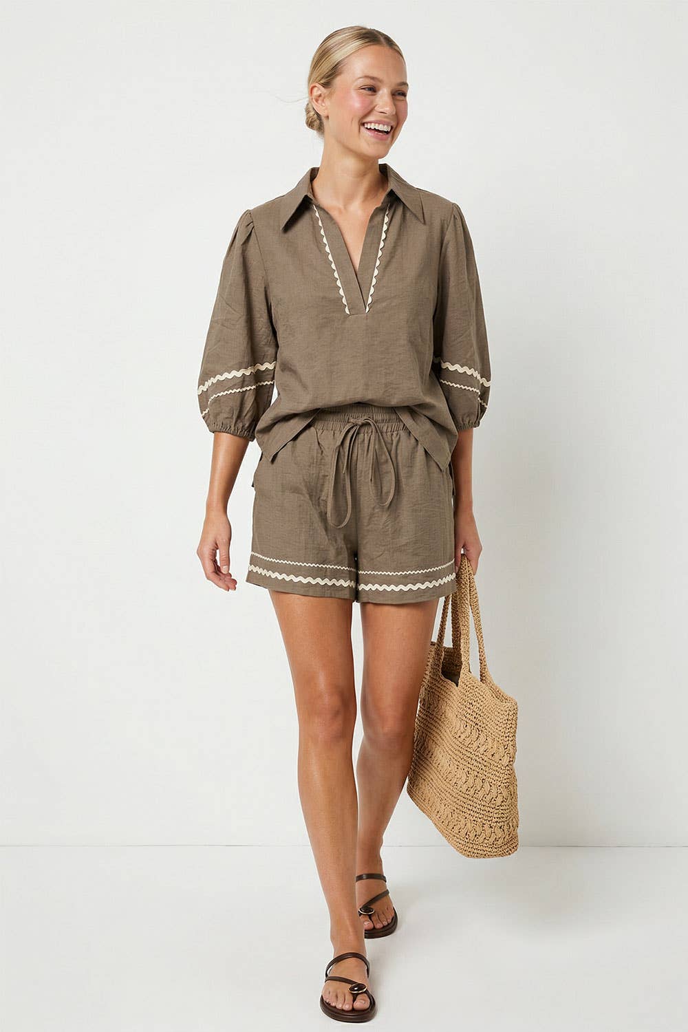 Puff Sleeve Linen Blouse: Navy / S