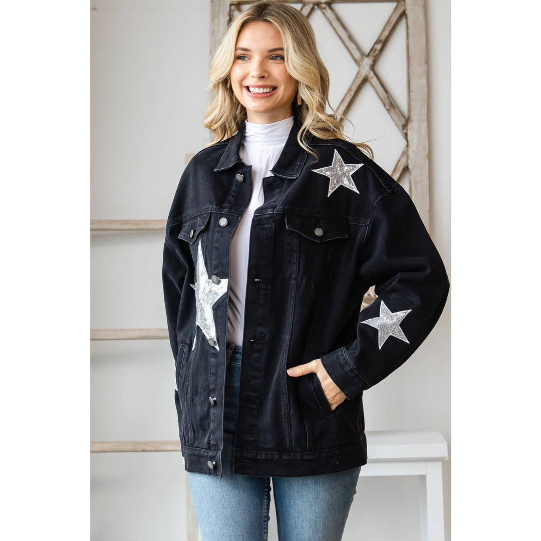Sequins Star Patch Denim Jacket: Black / M