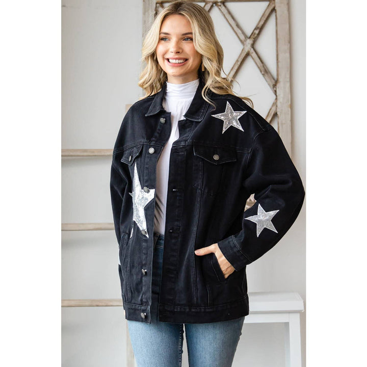 Sequins Star Patch Denim Jacket: Black / M