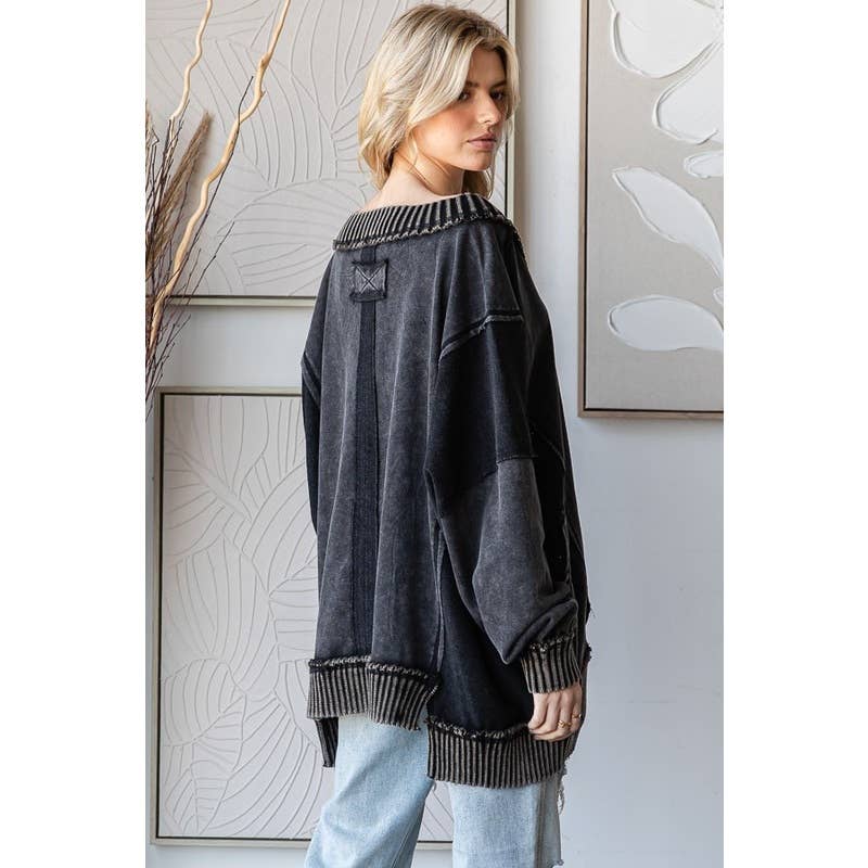 WIDE V NECK L/S TOP: BLACK