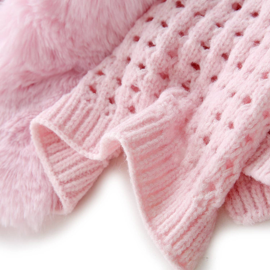 PE364 Hand knitted crochet fur trim cape: Ivory