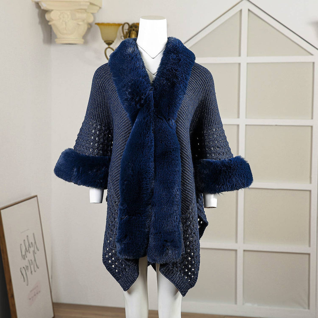 PE364 Hand knitted crochet fur trim cape: Baby Blue