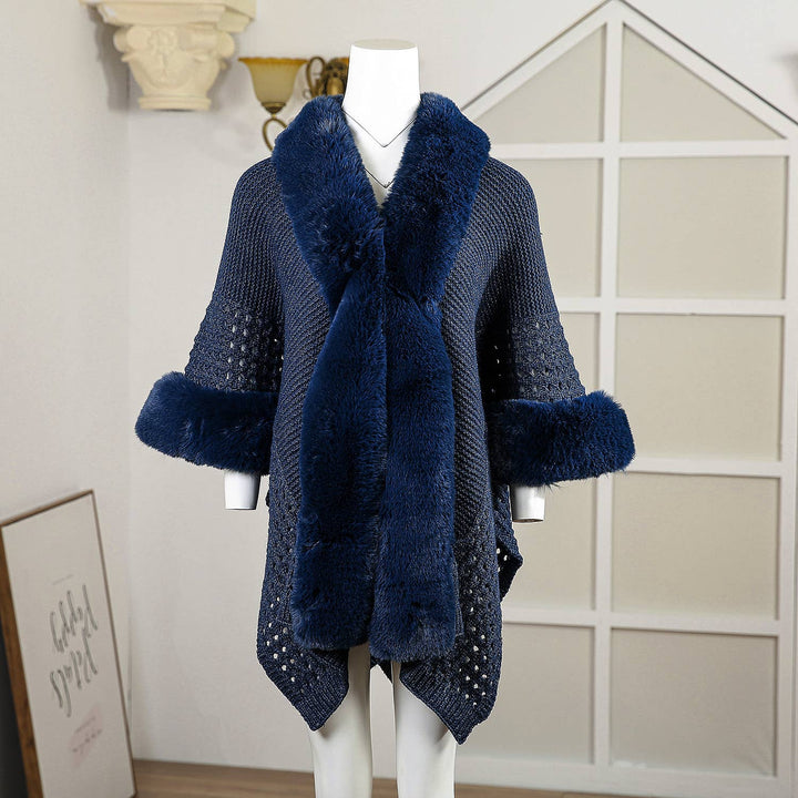 PE364 Hand knitted crochet fur trim cape: Baby Blue
