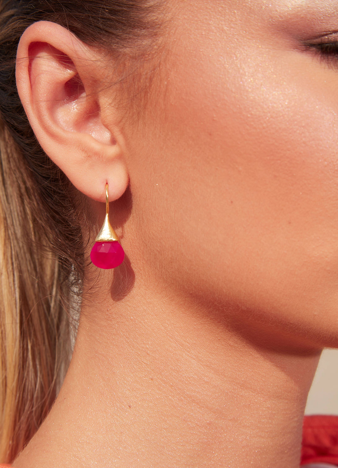 Boho Droplet Earrings Gold - Pink Fuchsia Onyx