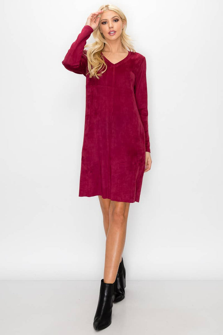 Aurora V-Neck Suede Dress: MAHOGANY / L / 2059V