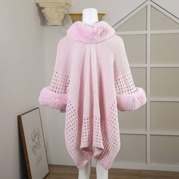 PE364 Hand knitted crochet fur trim cape: Ivory