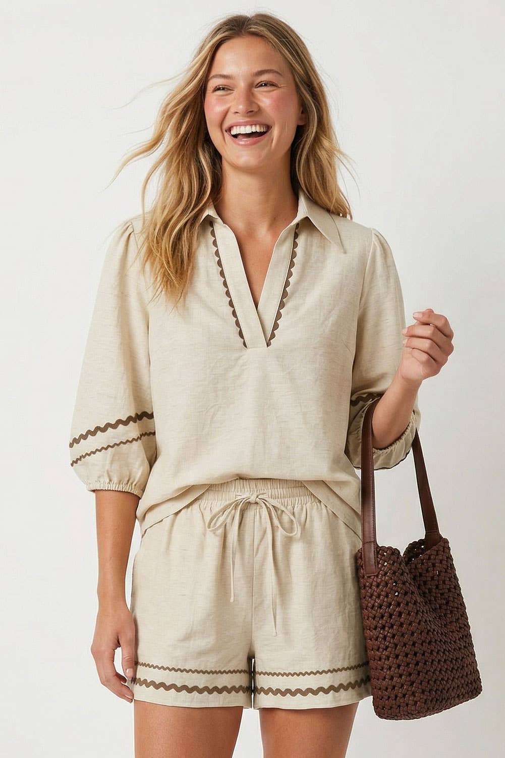 Puff Sleeve Linen Blouse: Navy / L