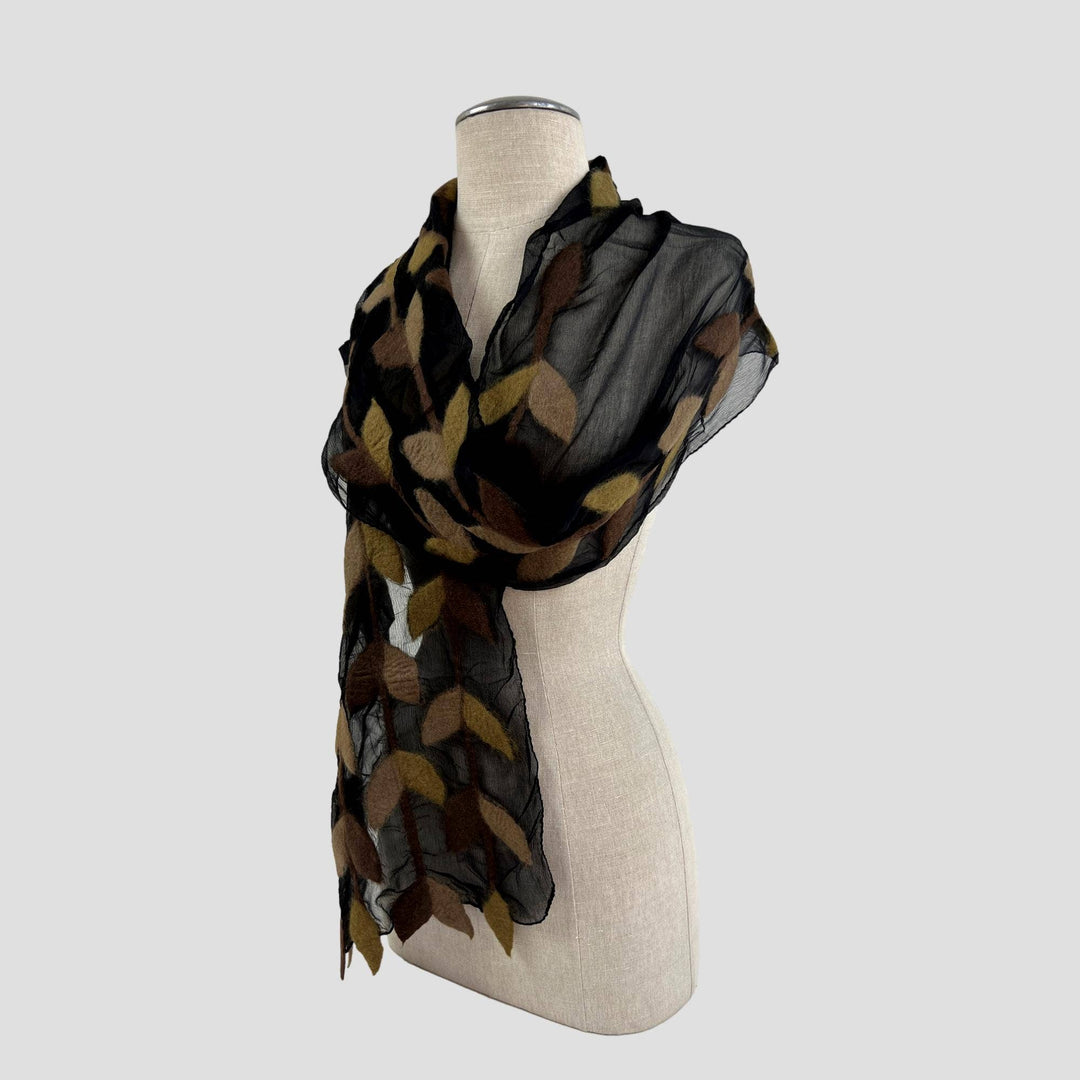 Leaf Merino Wool Handmade Felt Scarf: Gold-Green