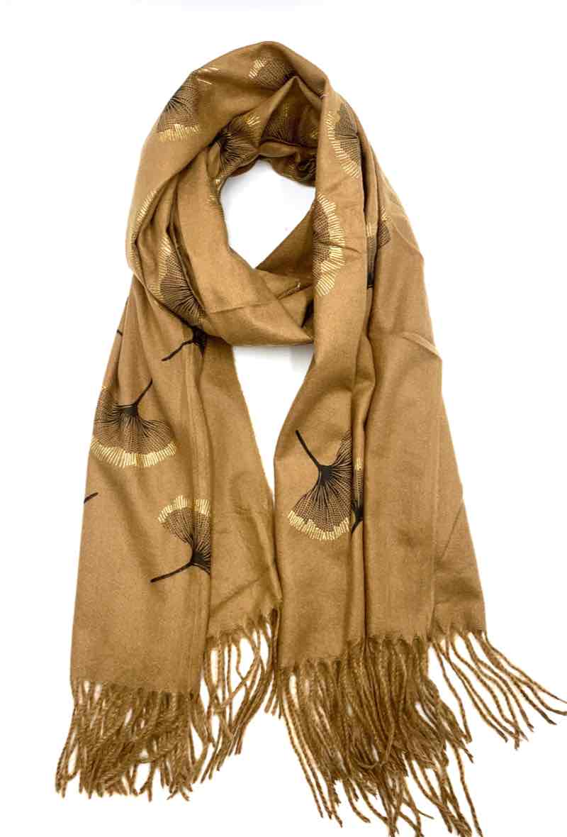 Gingko Leaf Pattern Soft Scarf: Ecru