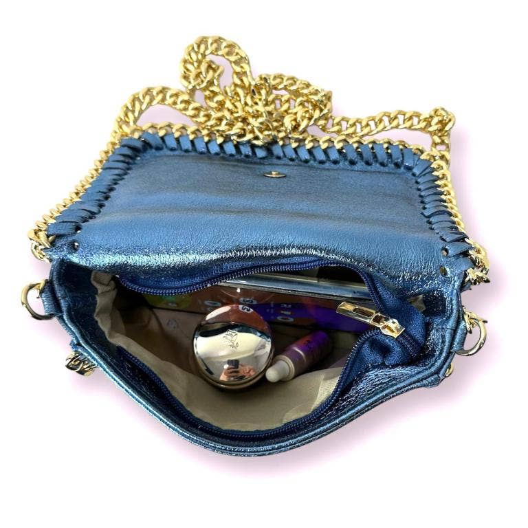 Leather Bag w/Chain: Navy blue