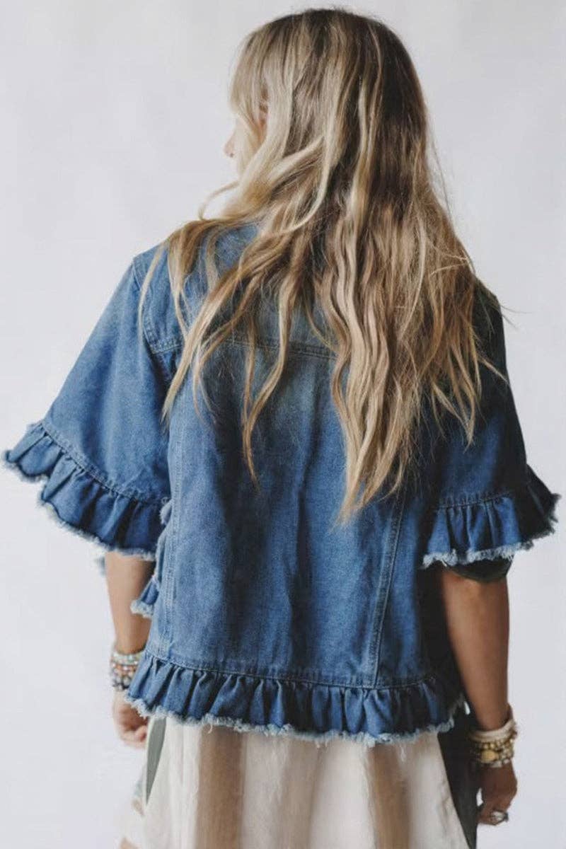 Frayed Denim Jacket: BLUE / L